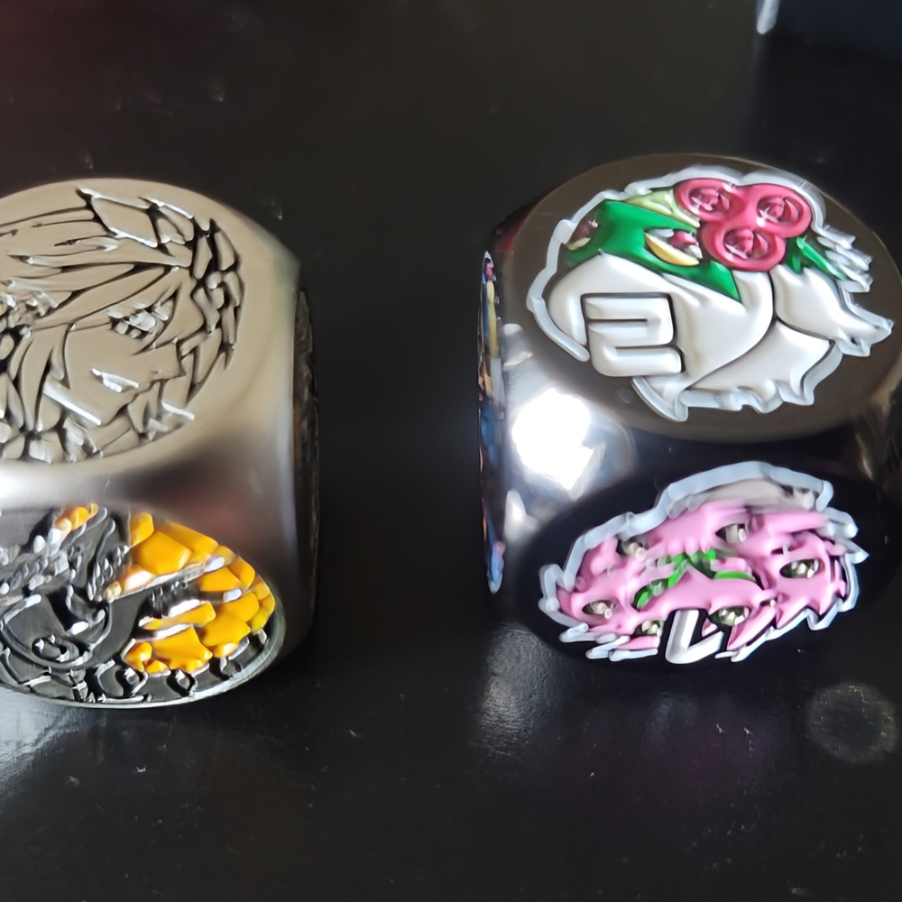 Silver and Black Dice with Colorful Designs